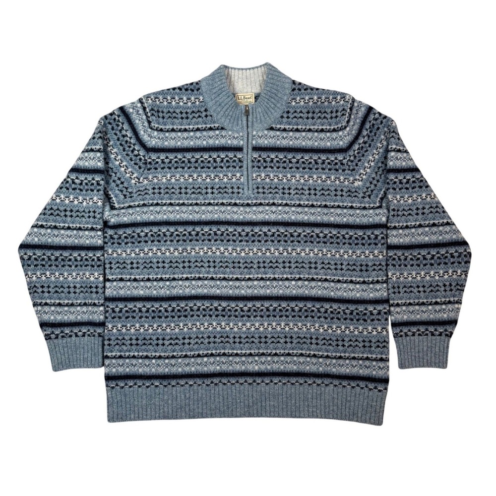 LL Bean Sweater Mens XL Blue 100% Shetland Wool Quarter Zip Fair Isle Pullover